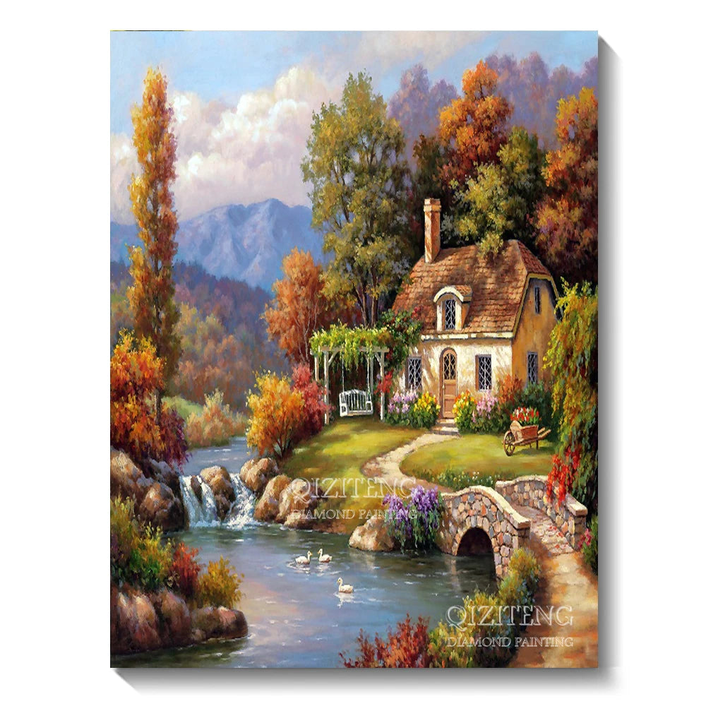 A vibrant forest landscape painting featuring a house, trees, and flowing water.