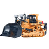 A yellow remote control construction excavator truck for kids with a black bucket and tracks.