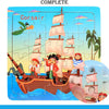 A complete jigsaw puzzle depicting a pirate ship with sails and figures, titled Corsair.