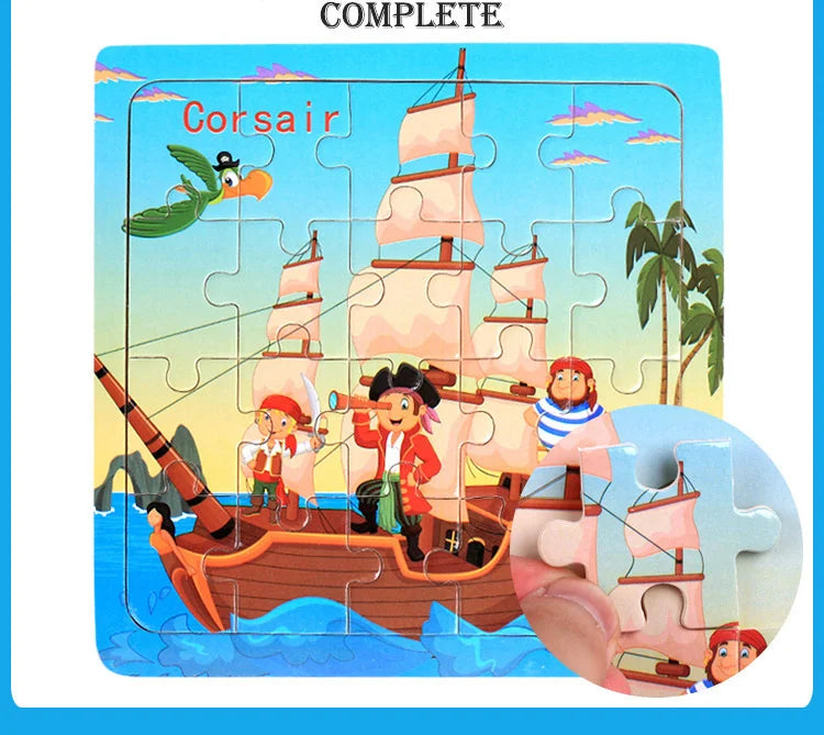 A complete jigsaw puzzle depicting a pirate ship with sails and figures, titled Corsair.