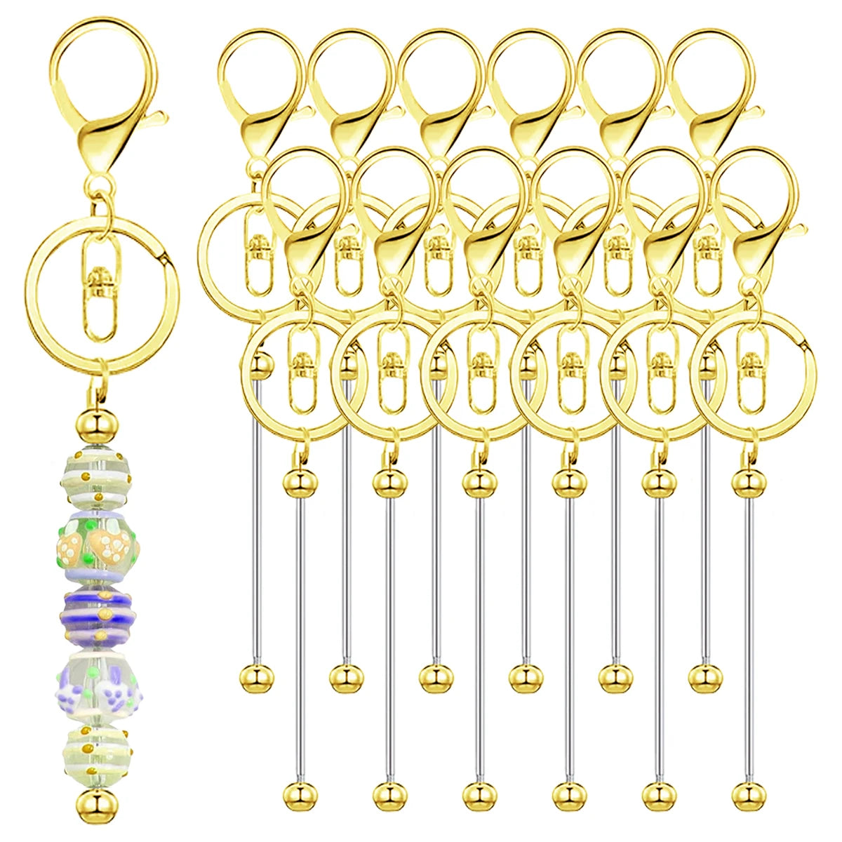 Un ensemble de barres de clés à nœuds de couleur or avec diverses formes et longueurs de perles.