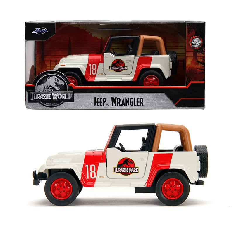 A diecast model of a white and red Jeep Wrangler toy vehicle featuring Jurassic Park branding.