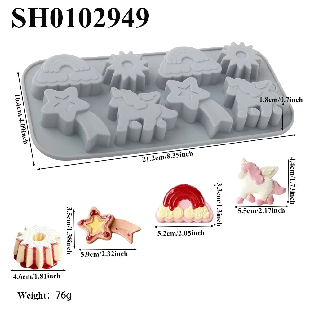 Set de moules à dessert en silicone avec des formes variées comme des nuages, des étoiles et une licorne, pesant 76g.