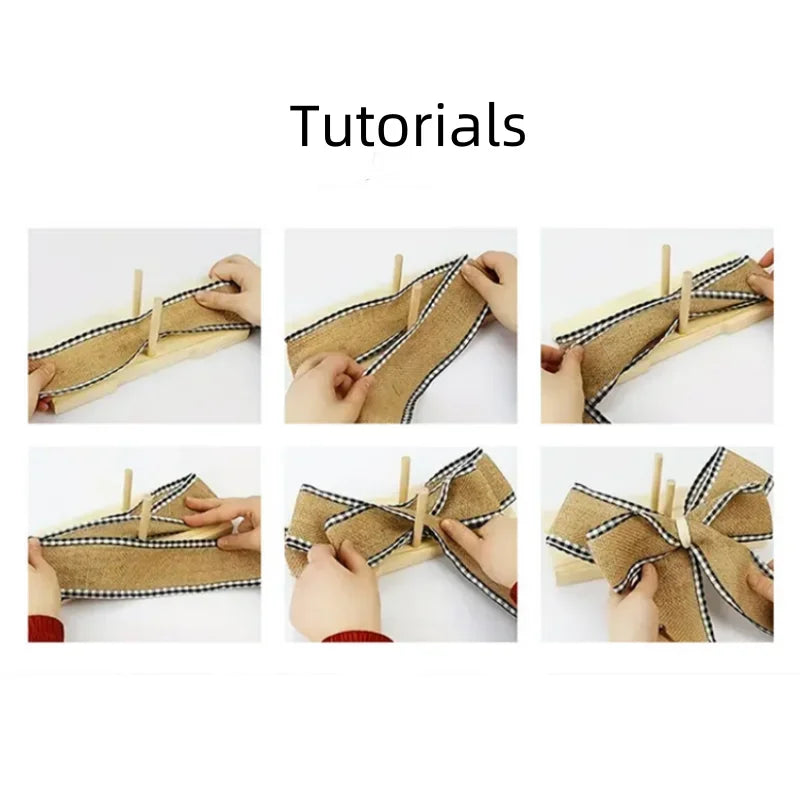 Tutorials showing how to make a ribbon bow using a wooden ribbon bow maker for gift wrapping and holiday crafts