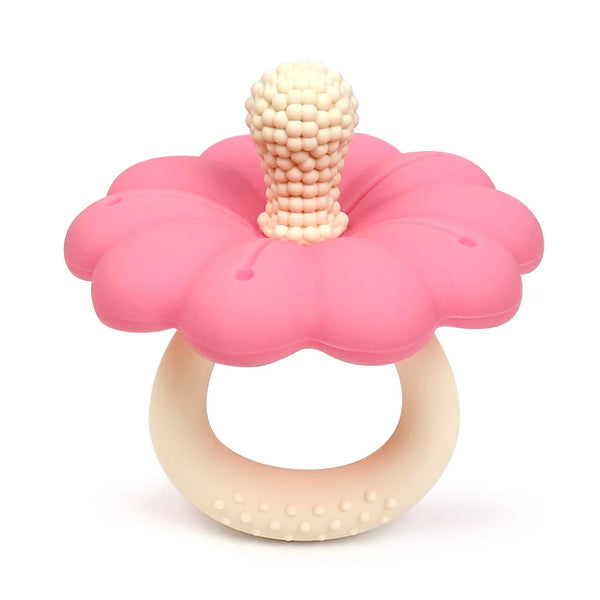 A pink silicone flower and pacifier teether with a textured top and a curved base.