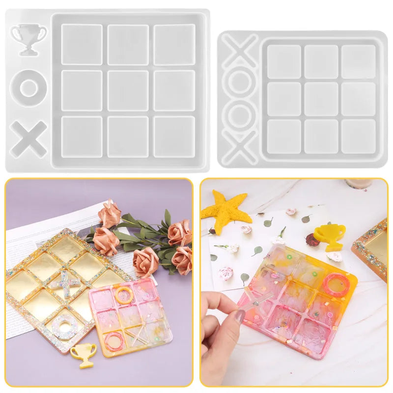 Silicone molds for creating customizable tic-tac-toe game pieces in various colors and designs