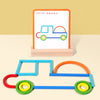 A wooden puzzle featuring colored sticks and rings arranged in the shape of a vehicle.