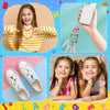 Two smiling girls holding acrylic alphabet letter beads for jewelry making and crafts