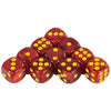 A set of ten red dice with yellow dots arranged in a pyramid shape.