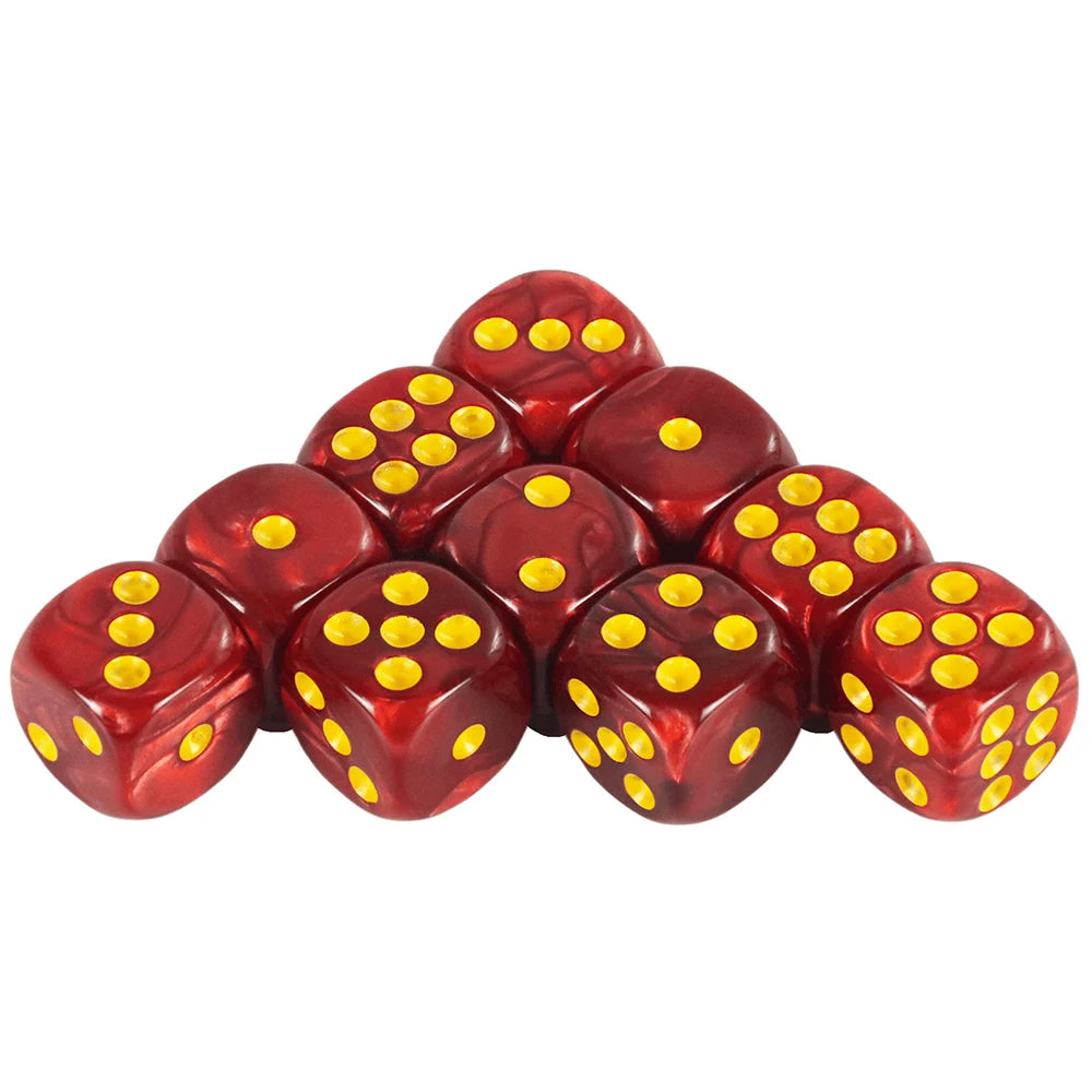 A set of ten red dice with yellow dots arranged in a pyramid shape.
