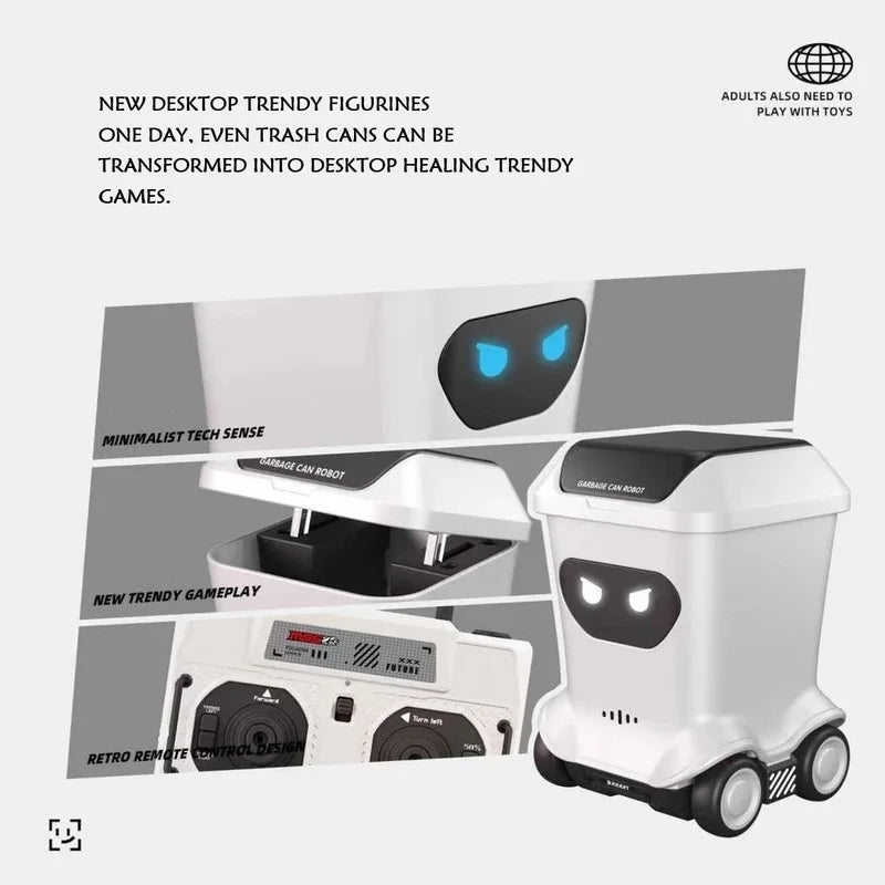 A white mini remote control trash can toy with a black opening lid and wheels.