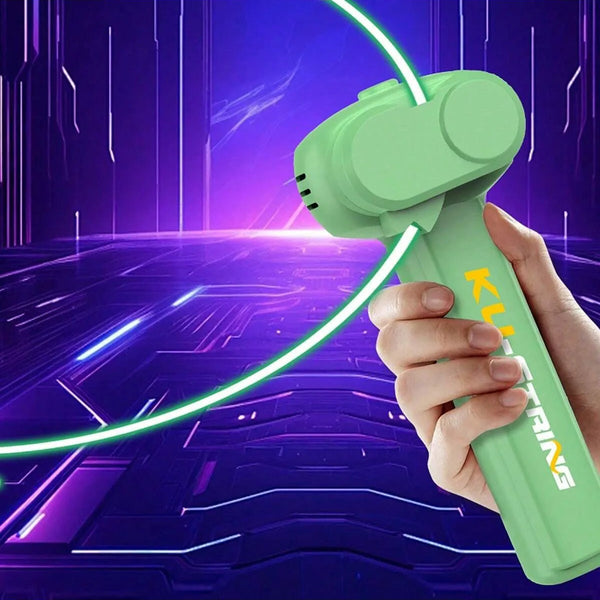 A hand holds a green rope launcher toy, which is emitting a bright green glowing rope against a purple futuristic background.