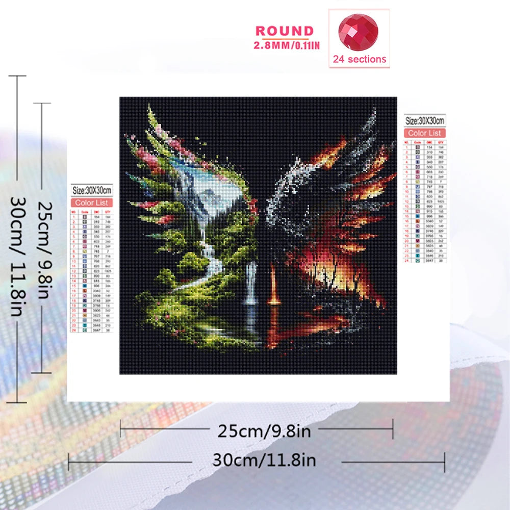 Diamond painting kit featuring a waterfall landscape with a winged design on a canvas.