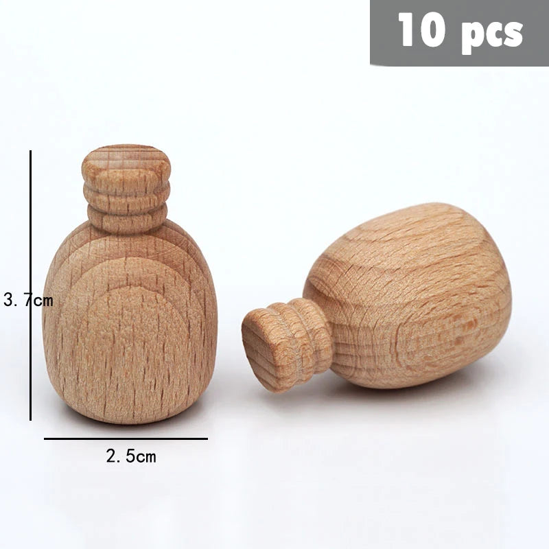 Ten natural wooden rainbow building blocks showing different shapes and sizes.
