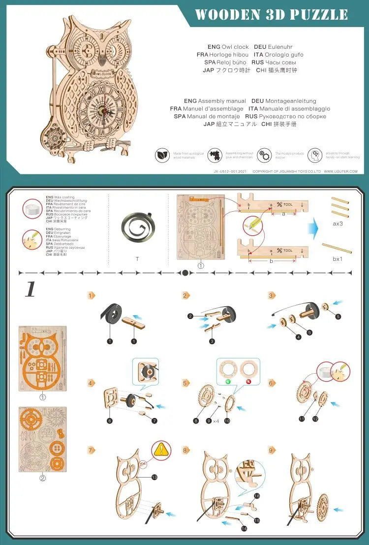 A set of wooden owl wall clocks and related parts for a DIY assembly kit.