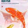 An orange koi fish is shown alongside a golden swimming shark toy, set against a soft pink and white floral background.
