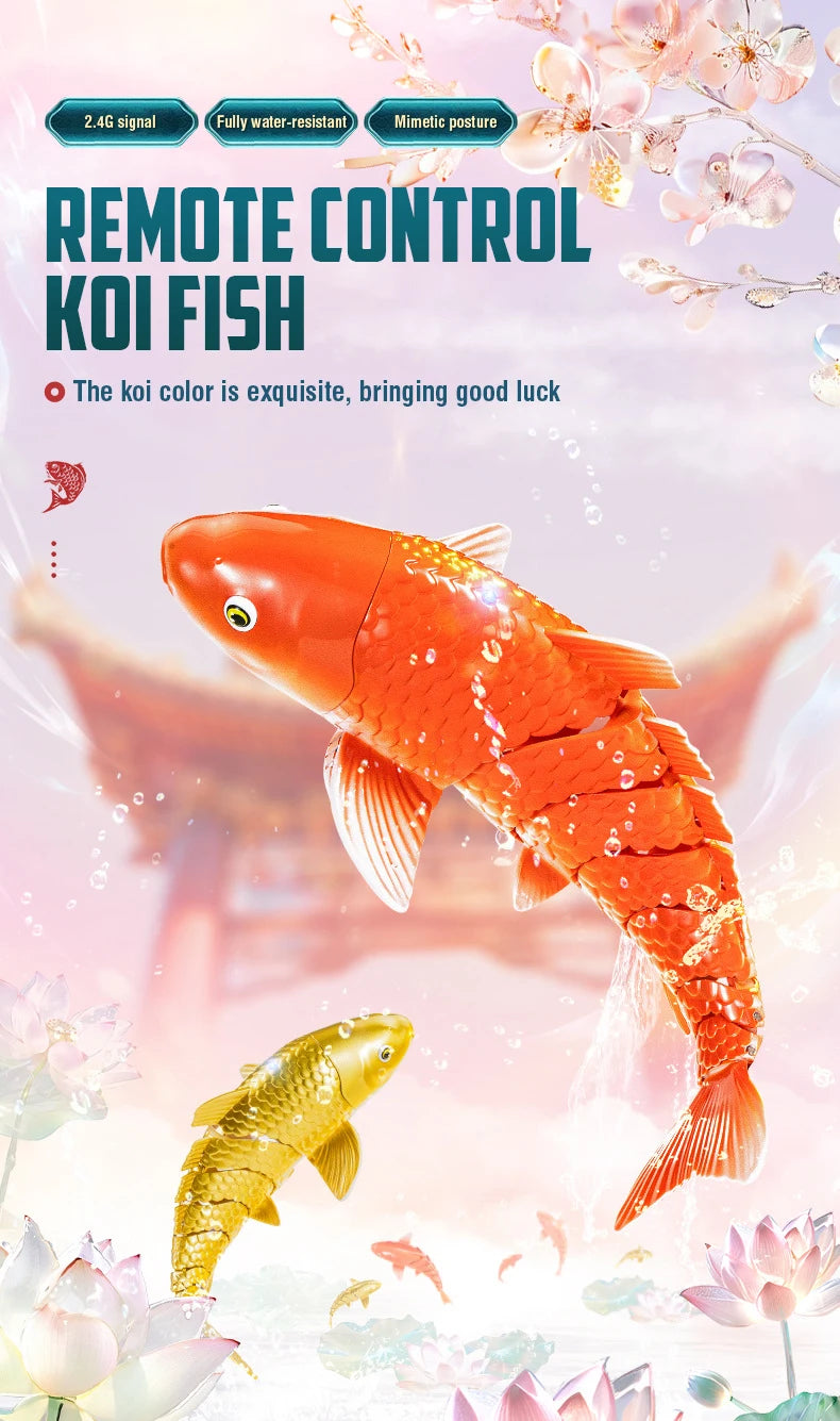 An orange koi fish is shown alongside a golden swimming shark toy, set against a soft pink and white floral background.