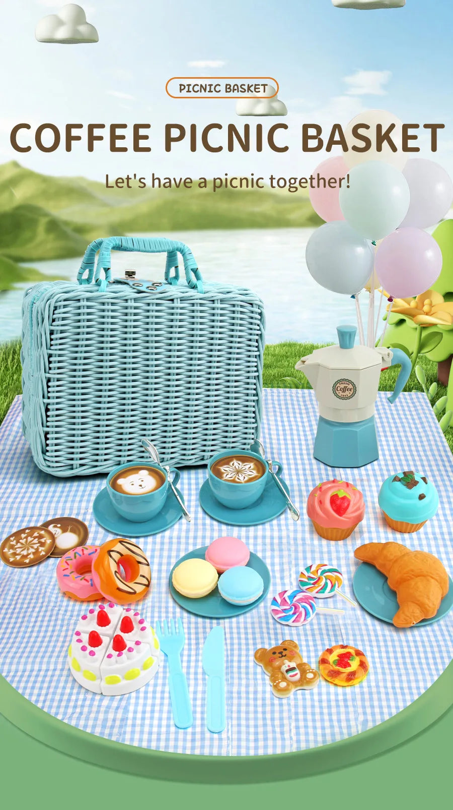 A coffee picnic basket set featuring a wicker basket, tea, cupcakes, and balloons on a checkered tablecloth.