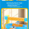 A magnetic anti-gravity electric train building set with an electric track is shown in a bright indoor setting.