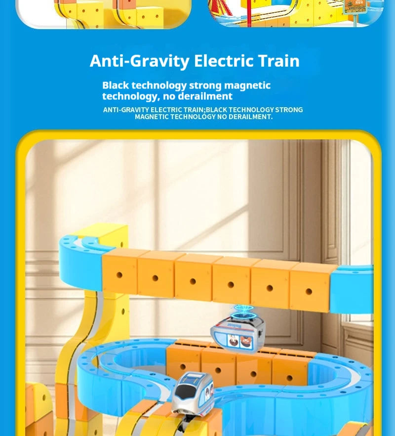 A magnetic anti-gravity electric train building set with an electric track is shown in a bright indoor setting.