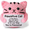 Pink fluffy cat crochet toy with black stripes and large eyes