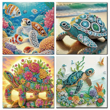 A collection of colorful sea turtle paintings and related art pieces for a 5D diamond painting kit.
