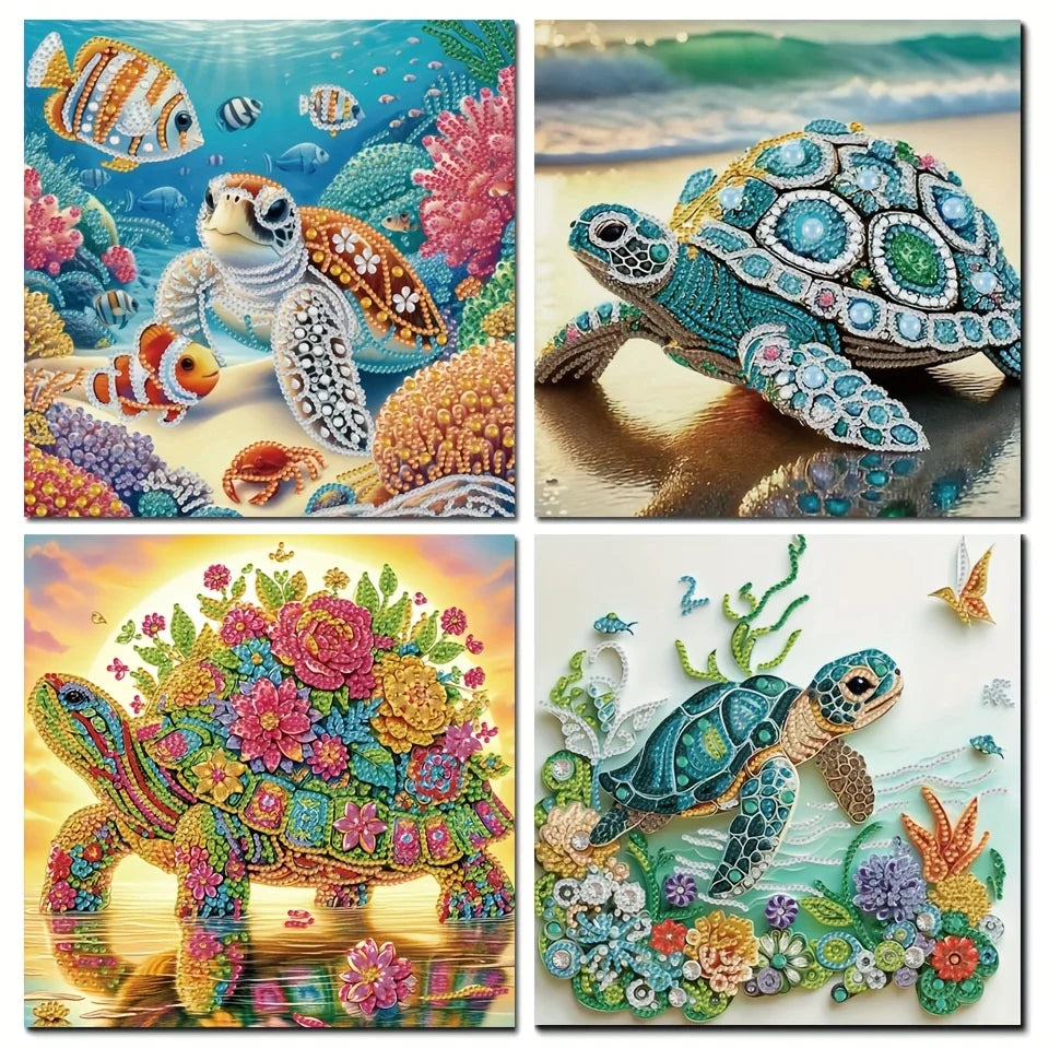 A collection of colorful sea turtle paintings and related art pieces for a 5D diamond painting kit.