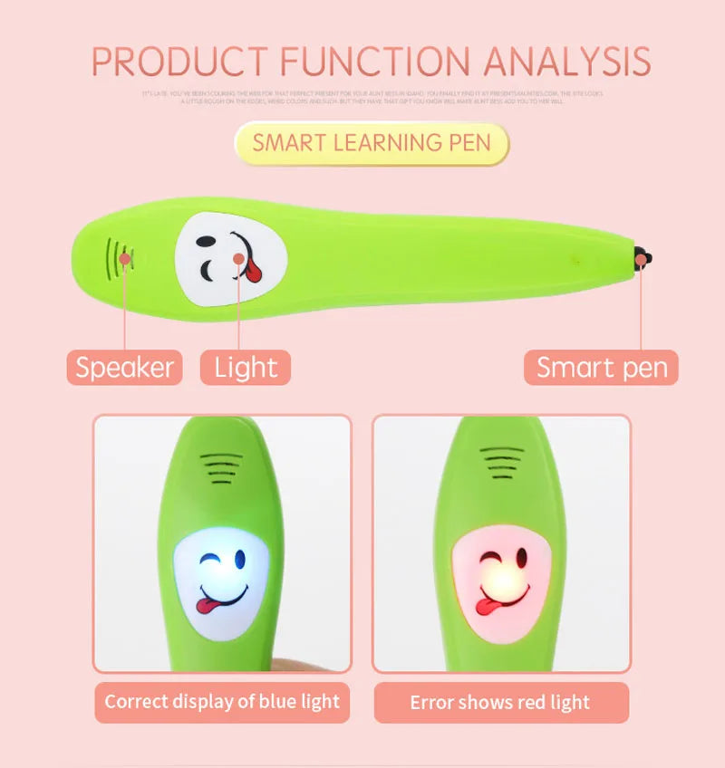 A green smart learning pen is shown with features like a speaker, light, and smart pen function.