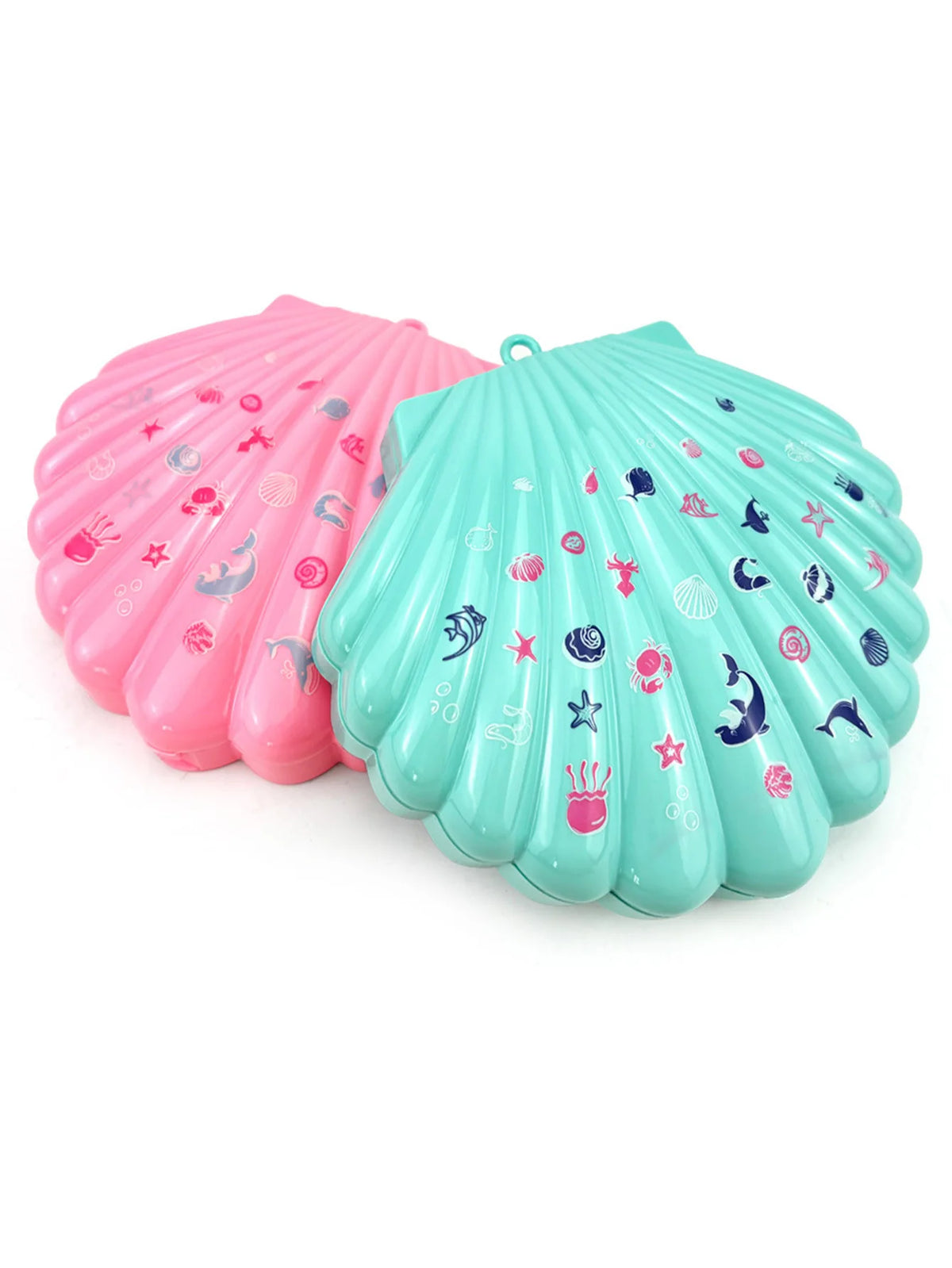 A set of multi-layer shell-shaped makeup toys in pink and teal colors.