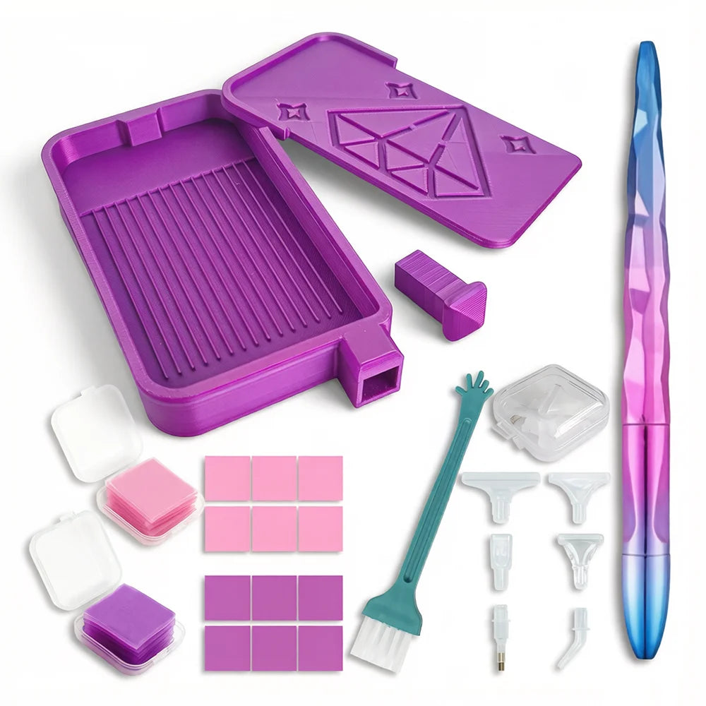 A complete diamond painting accessory kit featuring a purple tray, tiles, and various tools on a white background.