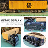A detailed 1/50 scale diecast alloy container truck model in black and orange, shown from the side.