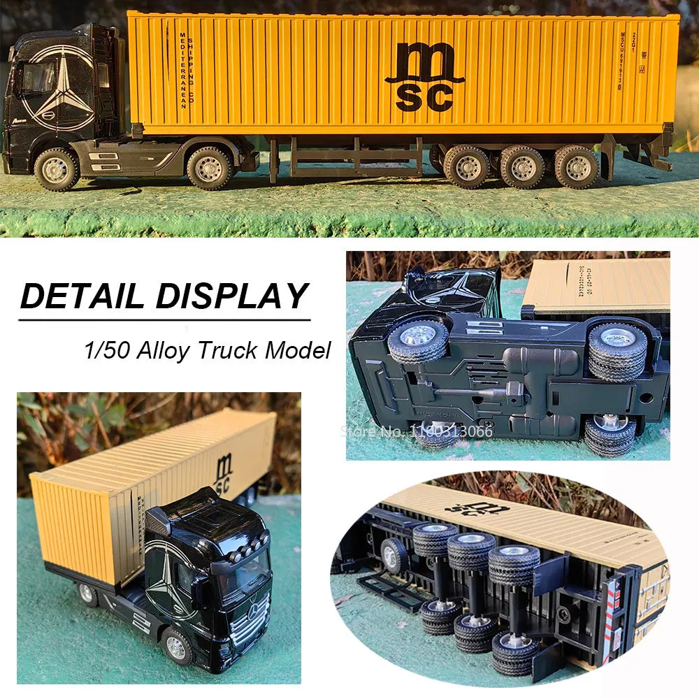 A detailed 1/50 scale diecast alloy container truck model in black and orange, shown from the side.