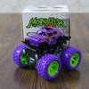 A purple monster truck toy with green wheels is displayed in front of its packaging box.