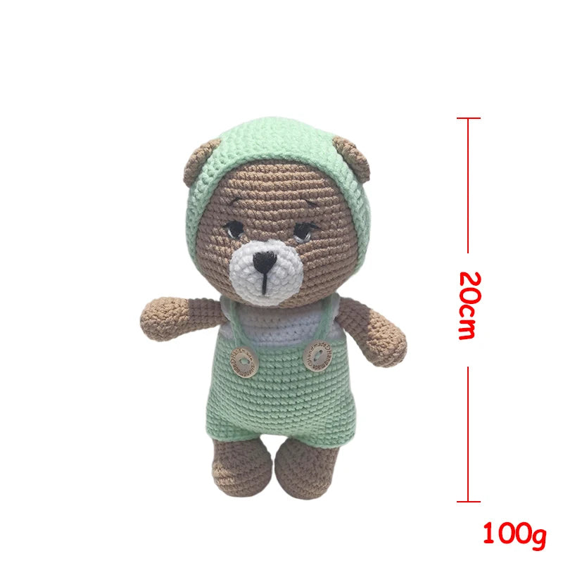 A handmade crochet stuffed bear wearing a light green hood and overalls, shown against a white background.