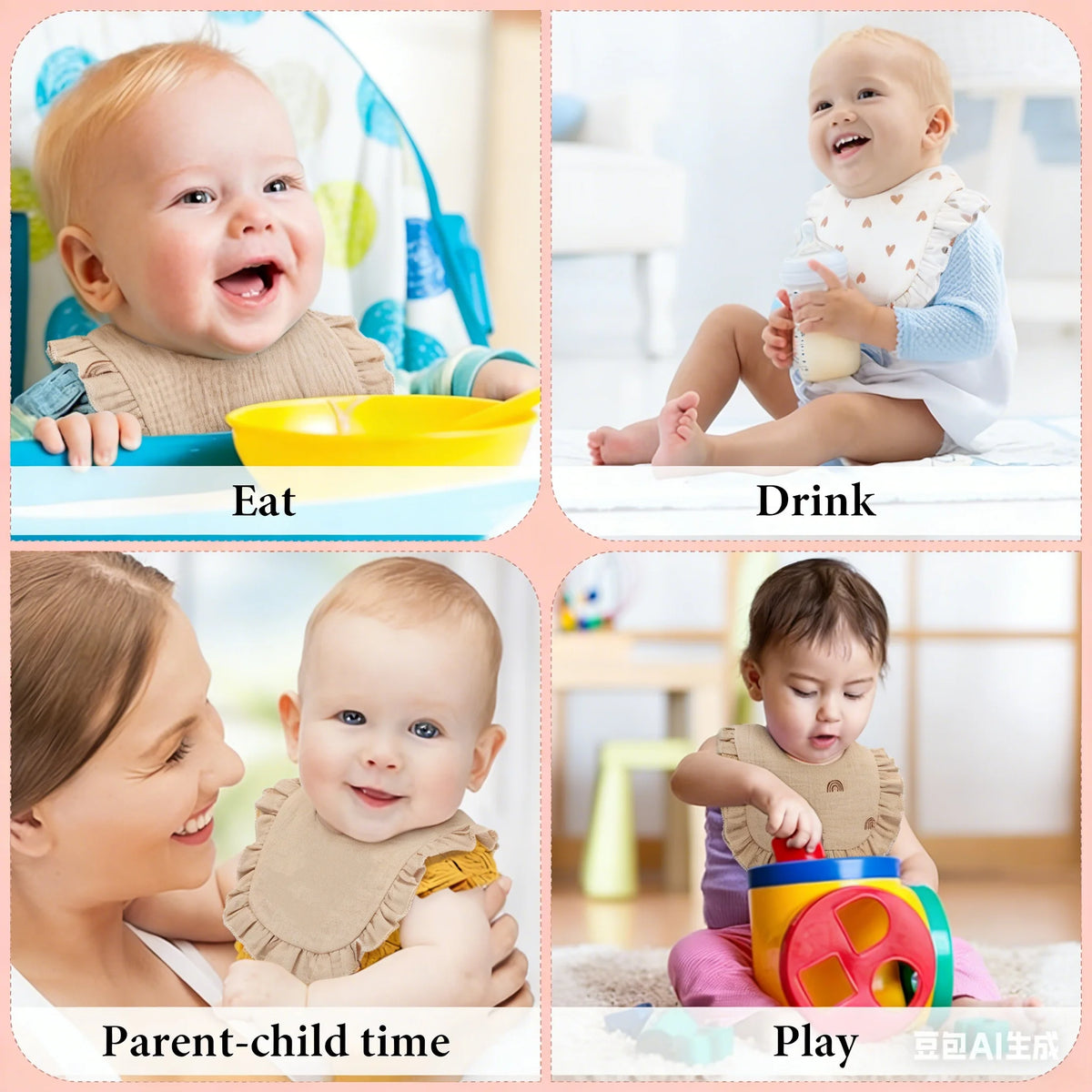A set of three pure cotton muslin baby bibs with absorbent design shown in various contexts for feeding, drinking, and playti
