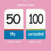 Double-sided flashcards showing the numbers fifty and one hundred with corresponding words fifty and one hundred