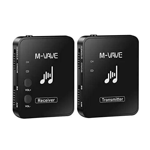 Black M-VAVE wireless in-ear monitor system showing a separate transmitter and receiver unit.