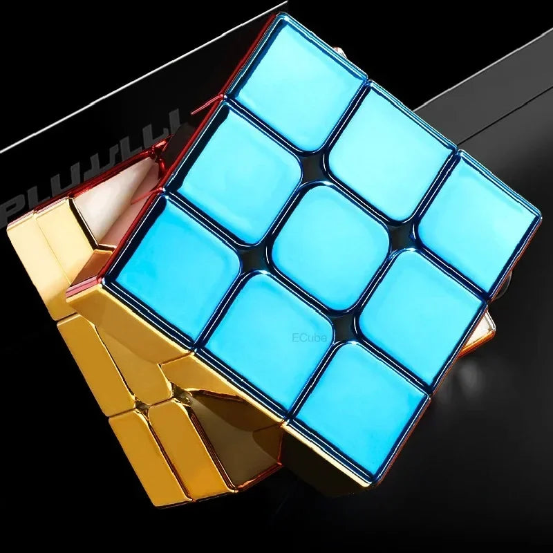 A blue magnetic 3D puzzle cube with a gold base, showing its faceted structure.