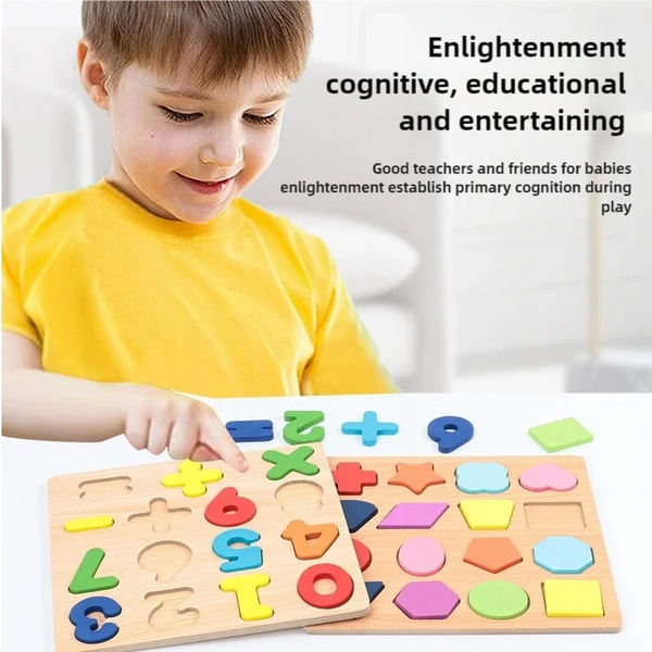 A child is interacting with a wooden geometric shape puzzle featuring numbers and shapes for cognitive development.
