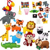 A collection of felt woodland animals including a red parrot, gray elephant, orange tiger, yellow lion, and various other cre