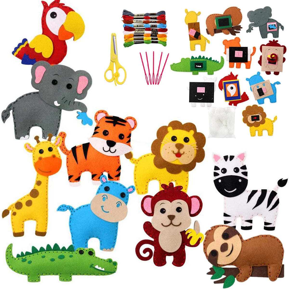 A collection of felt woodland animals including a red parrot, gray elephant, orange tiger, yellow lion, and various other cre