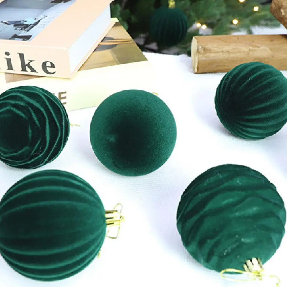 Set of 12 Velvet Flocked Christmas Tree Ornaments in Green
