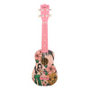 A pink ukulele with a floral design featuring a woman and leaves, including tuning pegs and a bridge.