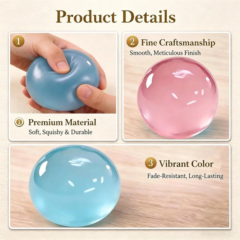 A set of smooth, translucent squishy stress relief balls in pink and blue colors shown with close-ups.