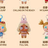 A collection of vinyl figures featuring various vacation themes including sunbathing, sailing, and a giggle expression.