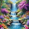 A vibrant paint by numbers kit depicting a lush landscape with waterfalls, colorful flowers, and cherry blossoms.