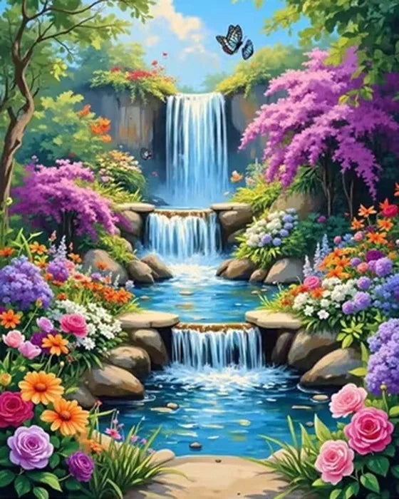 A vibrant paint by numbers kit depicting a lush landscape with waterfalls, colorful flowers, and cherry blossoms.