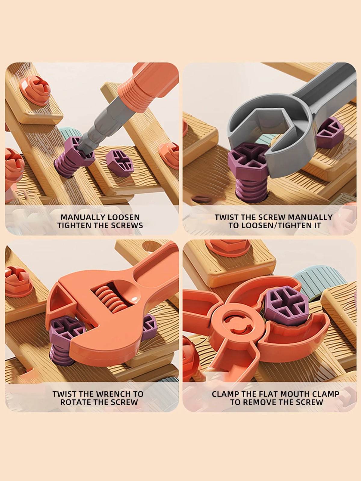 A set of orange and purple tools used to manually loosen, tighten, and rotate screws for a toy drill assembly playset.