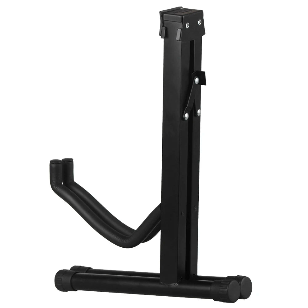 Black foldable metal guitar stand designed for acoustic, electric, and bass guitars