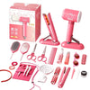 A pink beauty salon playset featuring various styling tools like a hair dryer and straighteners for pretend play.